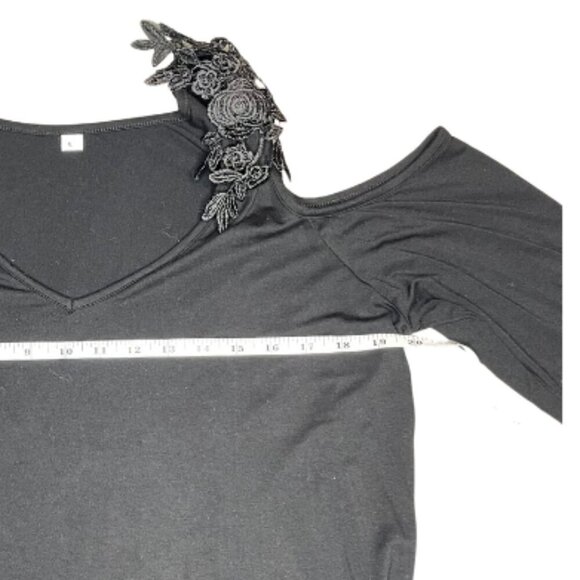 UNBRANDED Dark Romantic Cold Shoulder Mini Dress with 3D Floral Appliqué Large - Picture 8 of 10